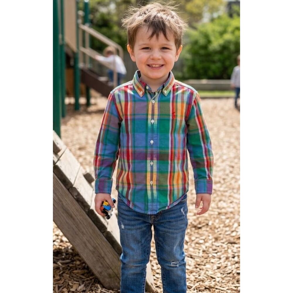 Polo Ralph Lauren Plaid Cotton Madras Long Sleeve Button Down Shirt Boys Size 3T